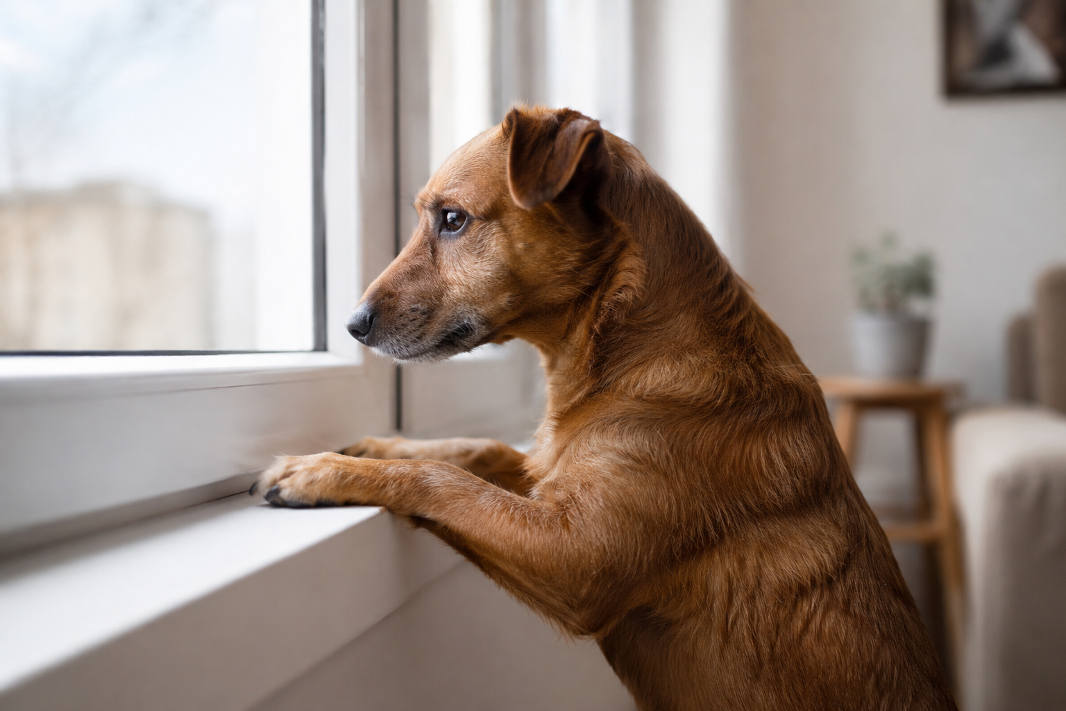 Cachorro sozinho olhando pela janela, sinal de ansiedade em cães