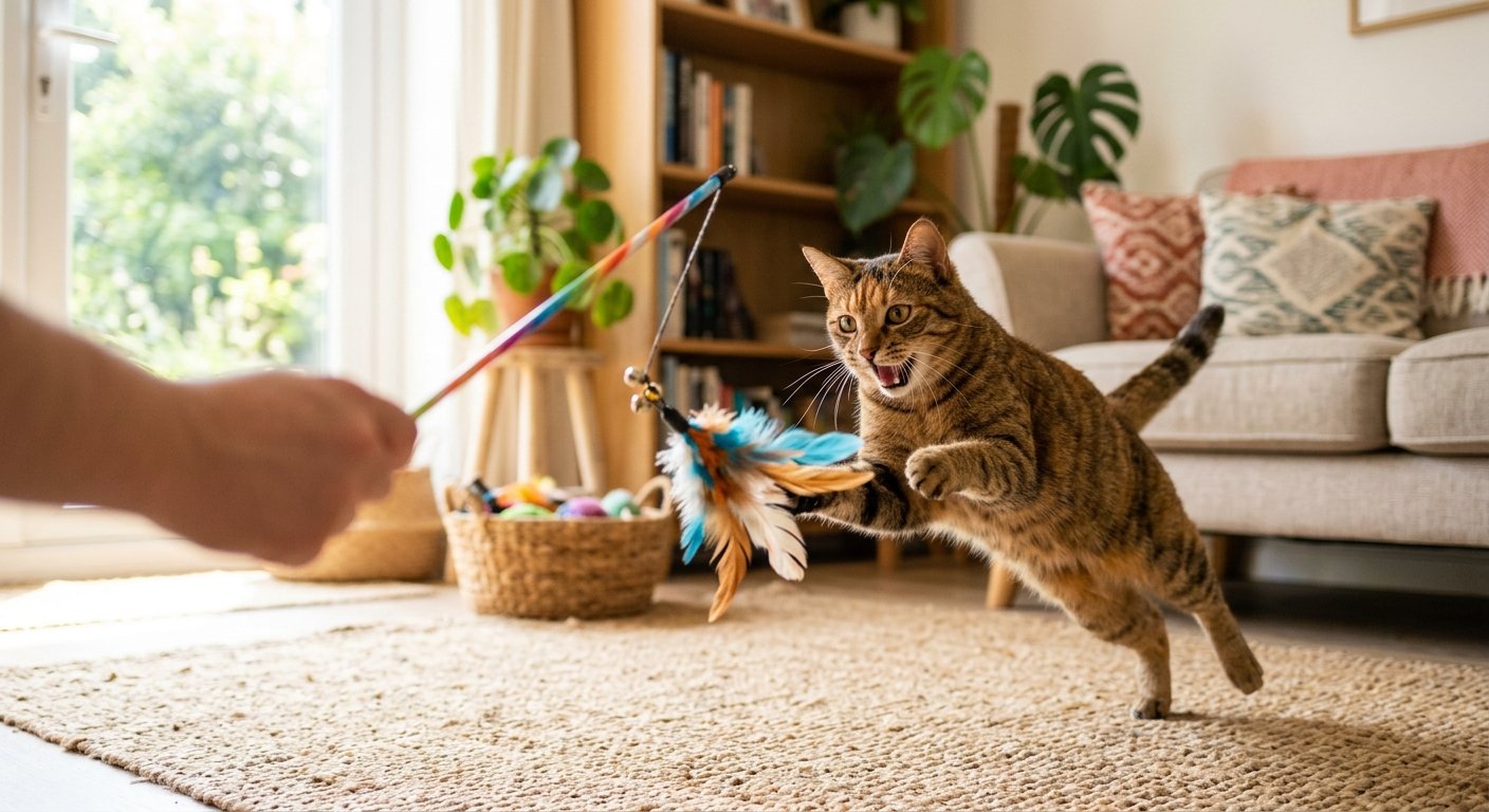 Gato brincando com brinquedo interativo do tipo varinha com pena