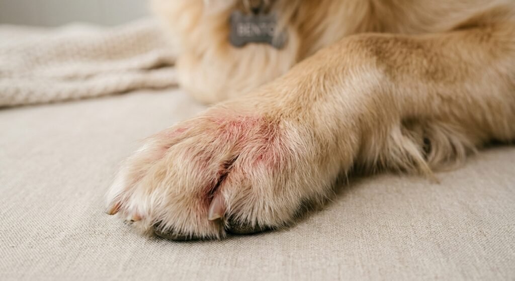 Pata de cachorro com vermelhidão, sintoma de alergia alimentar