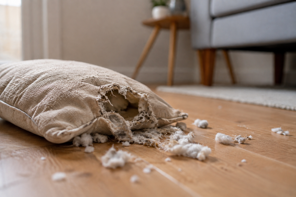 Ansiedade em Cães: Sintomas, Causas e Como Trata 2 Almofada mordida no chão, sintoma de cachorro destruindo casa sozinho por ansiedade