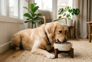 Cachorro comendo ração hipoalergênica em comedouro doméstico
