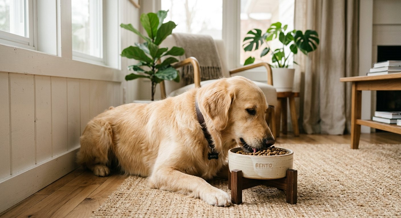 Cachorro comendo ração hipoalergênica em comedouro doméstico
