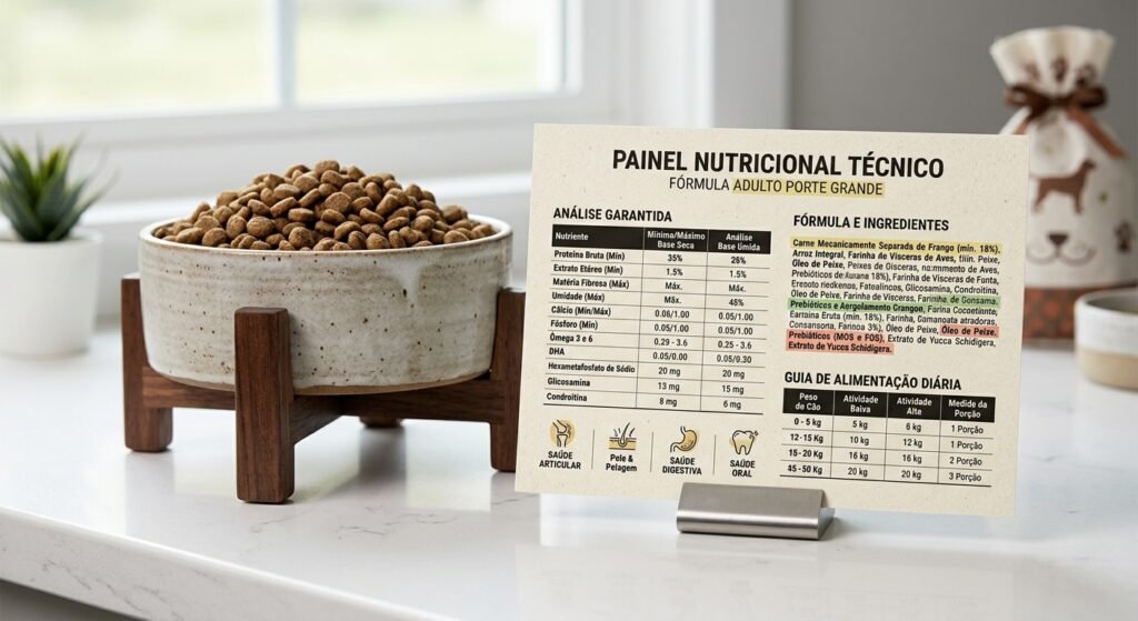 Tigela de ração ao lado do rótulo nutricional para conferir ingredientes