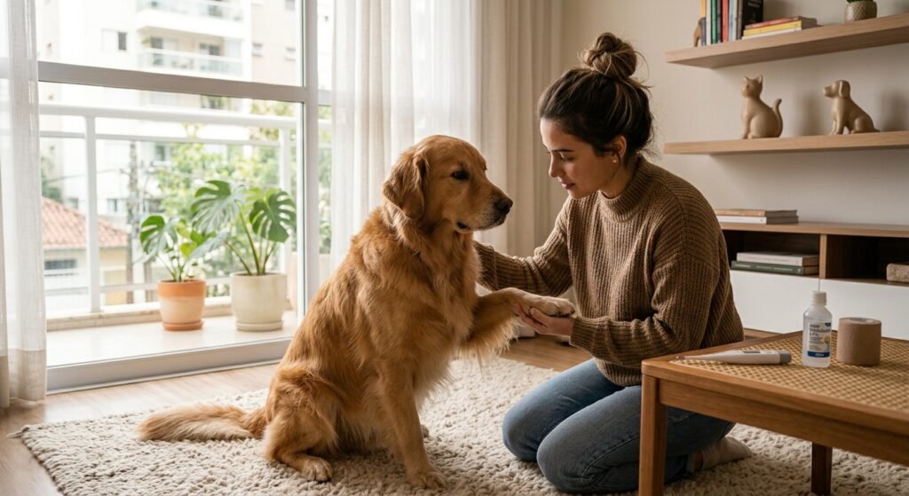 Kit de Primeiros Socorros para Cachorro: Guia 2026 4 Tutor examinando cachorro calmo em casa antes de aplicar primeiros socorros