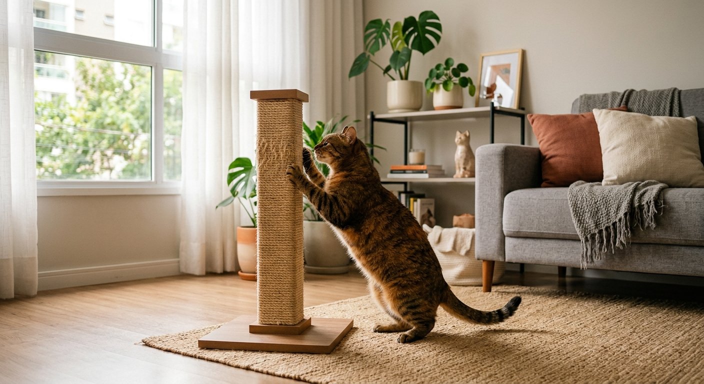 Gato usando arranhador compacto em apartamento pequeno e organizado
