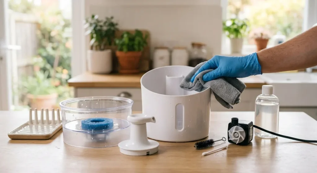 Bebedouro Automático para Gato: Conforto e Praticidade 4 Reservatório de bebedouro automático sendo higienizado, mostrando manutenção