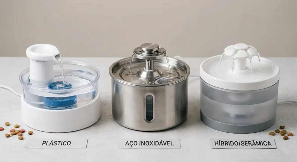 Bebedouro Automático para Gato: Conforto e Praticidade 3 Bebedouros automáticos de materiais diferentes lado a lado para comparação