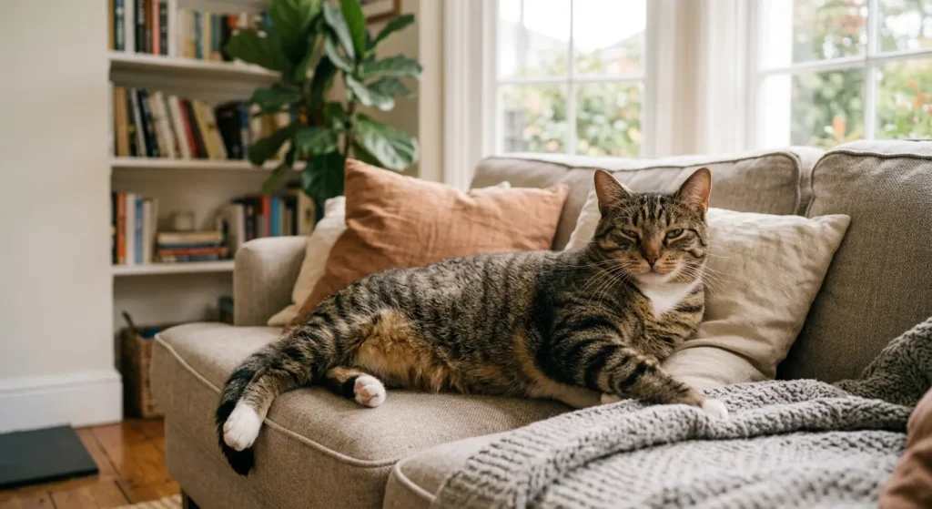 Nutrição para Gatos Castrados: Guia Completo 9 Gato castrado levemente acima do peso, ilustrando a importância do controle de peso