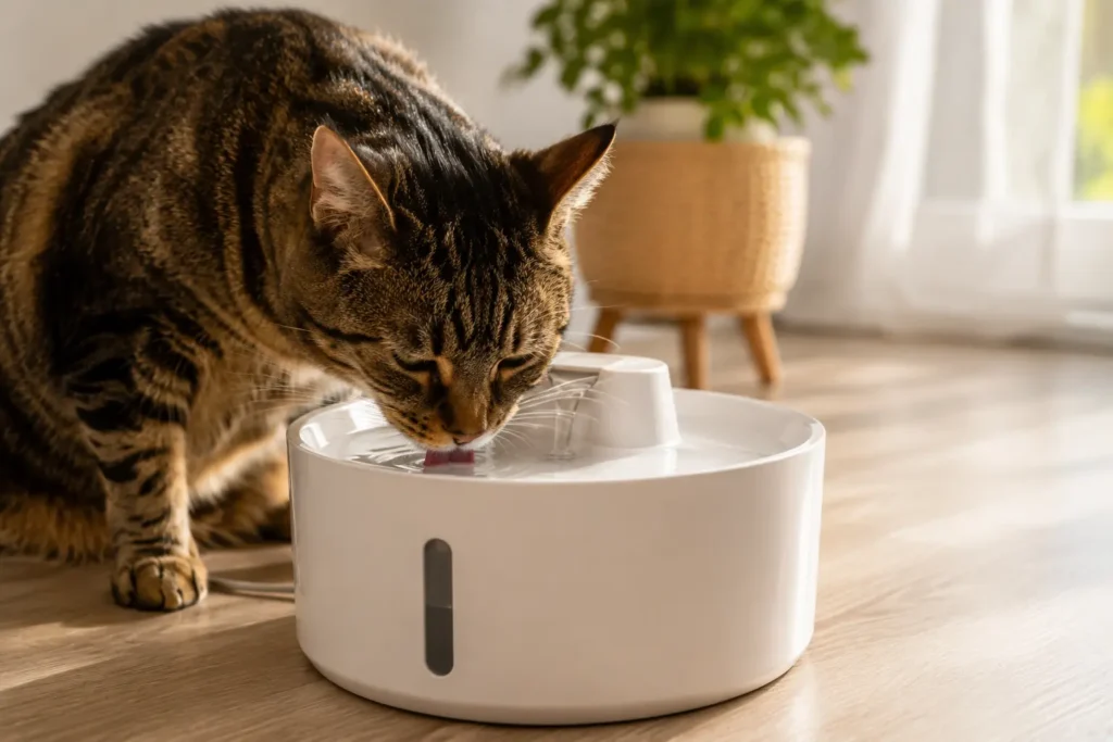 Comida Úmida ou Ração Seca para Gato: Prós e Contras 4 gato bebendo água em fonte para hidratação