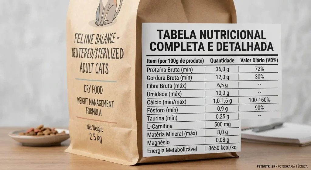 Nutrição para Gatos Castrados: Guia Completo 4 Rótulo nutricional de ração para gato castrado com foco em proteína e taurina
