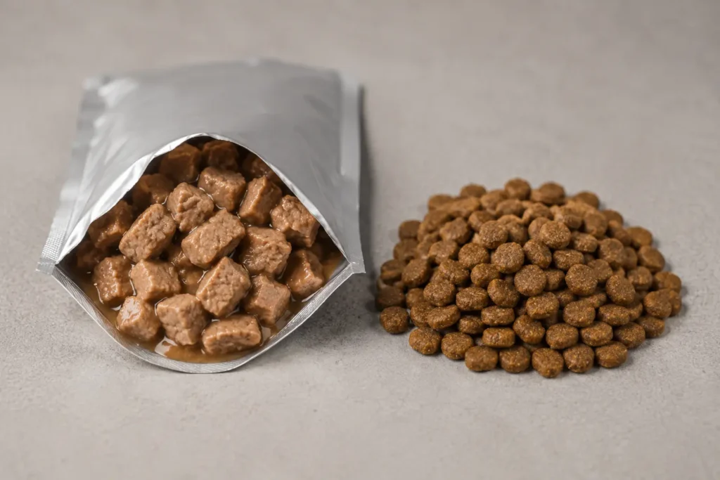Comida Úmida ou Ração Seca para Gato: Prós e Contras 3 sachê de comida úmida e ração seca para gato lado a lado