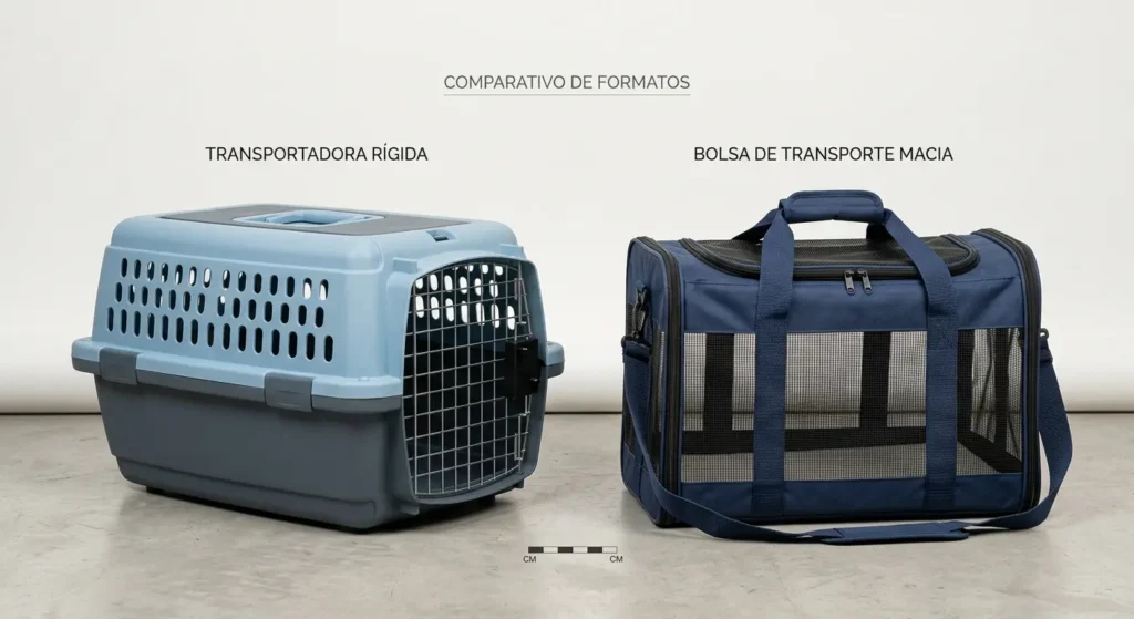 Transportadora para Cachorro em Viagem: Como Escolher a Ideal para o Seu Pet 3 Transportadora rígida ao lado de bolsa de transporte pet macia, comparando os dois formatos