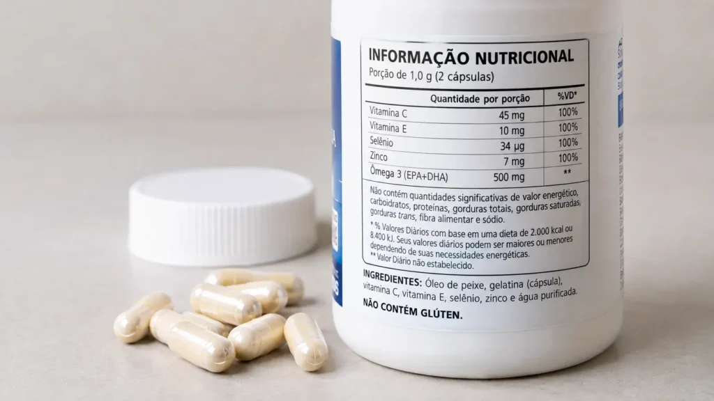 Cápsulas de suplemento e rótulo nutricional para cachorro idoso