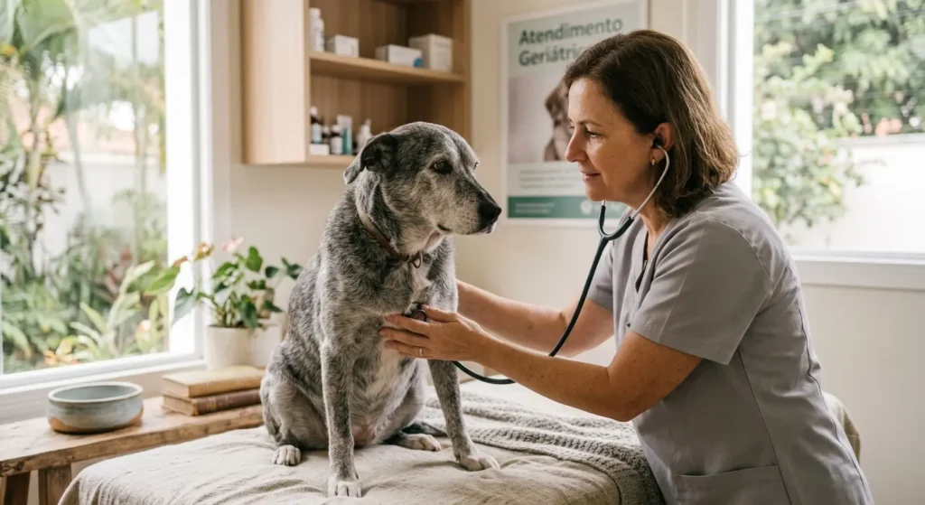 Veterinário examinando cachorro idoso durante consulta de rotina